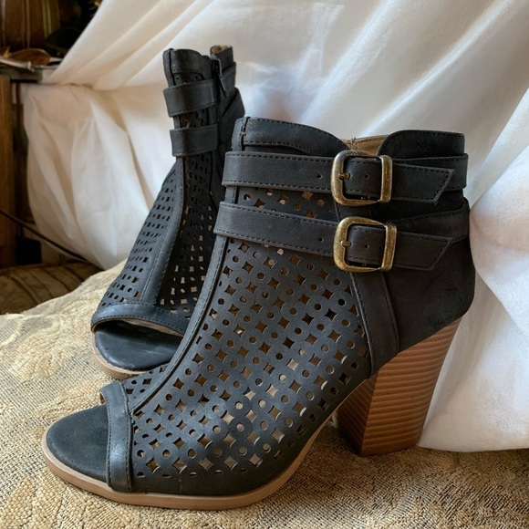 Comfortable Black Peep-Toe Ankle Boots Y2K Motto Biker Grunge 90’s Sexy Size 9 - Picture 1 of 5